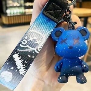 Cute Cartoon Star Bear With Strap Keychain Key Ring Pendant Blue